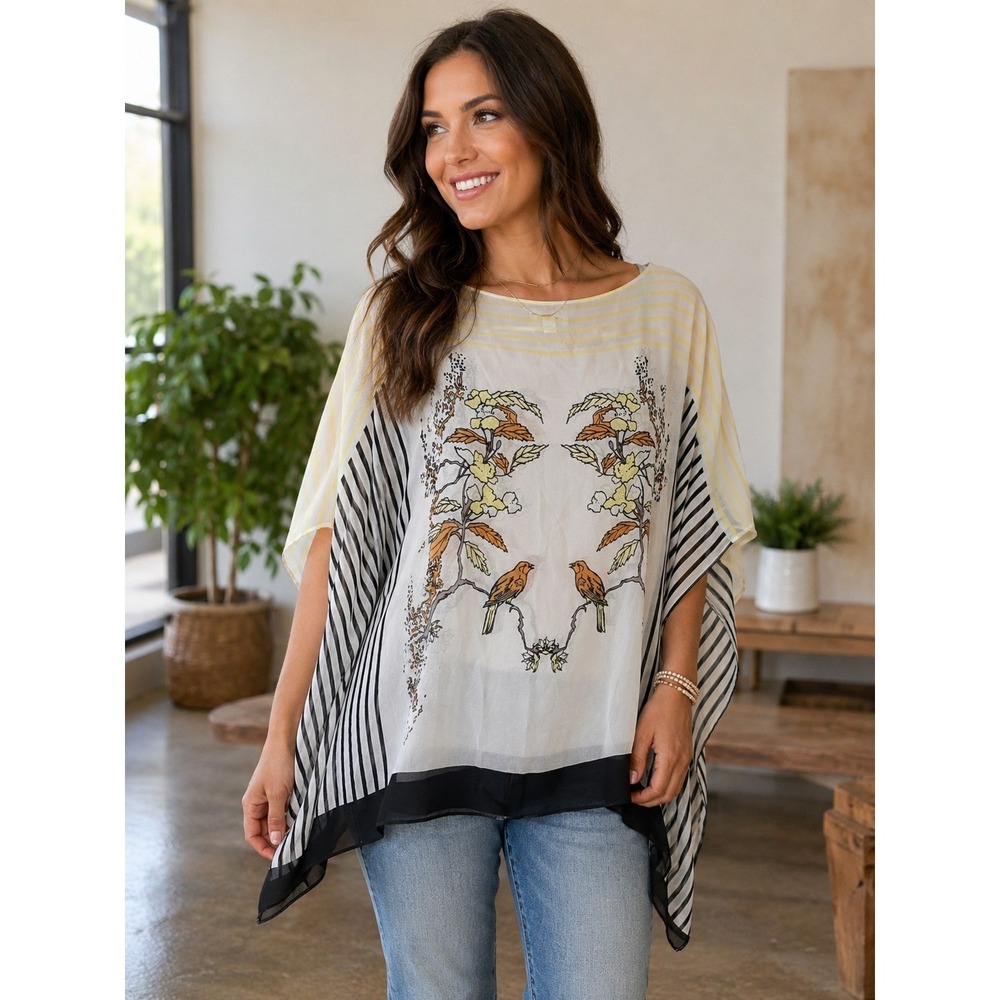 M.S.S.P. Max Studio XS Sheer Bird Floral Striped Poncho Blouse Boho Top -3675